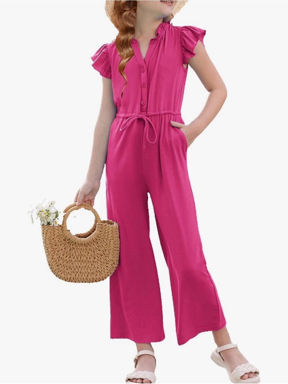 Girls Flutter-Sleeve Jumpsuit in Fuchsia